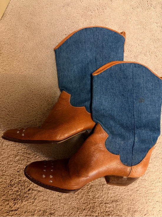 Shoes - Women’s Two-Tone Brown Leather & Blue Denim Western Boots